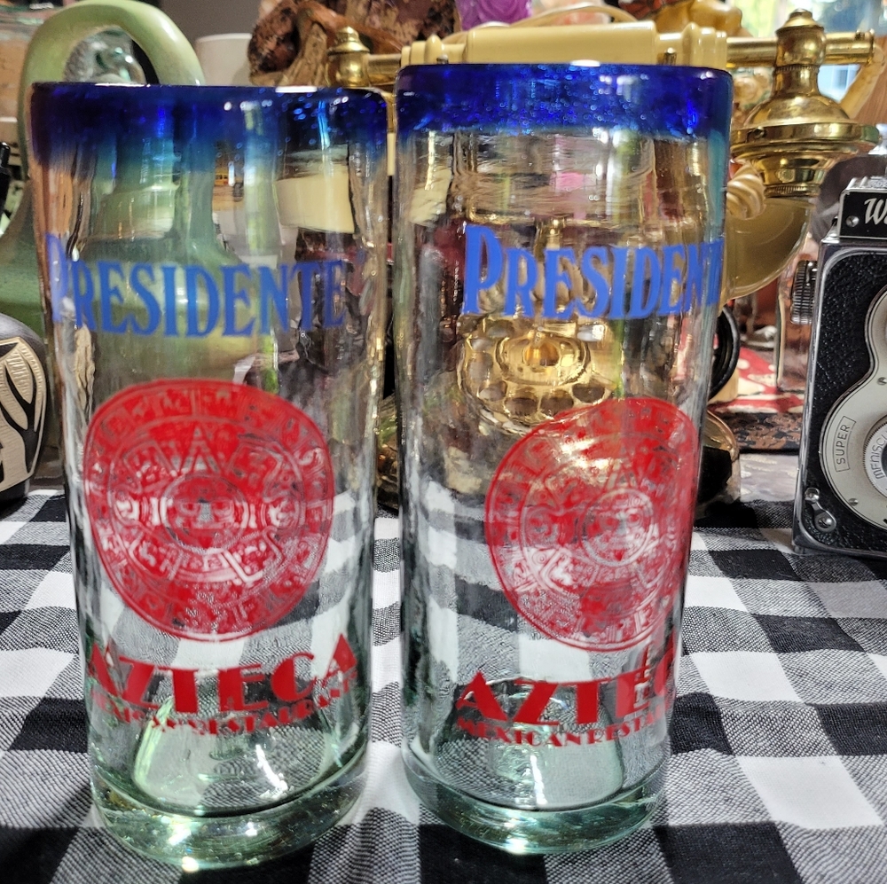 Vintage Hand-Blown Presidente 12 Oz. Glasses Blue Rim